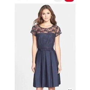 Taylor Illusion Yoke Shangtung‎ Fit and Flare Dress Navy Blue Size 10